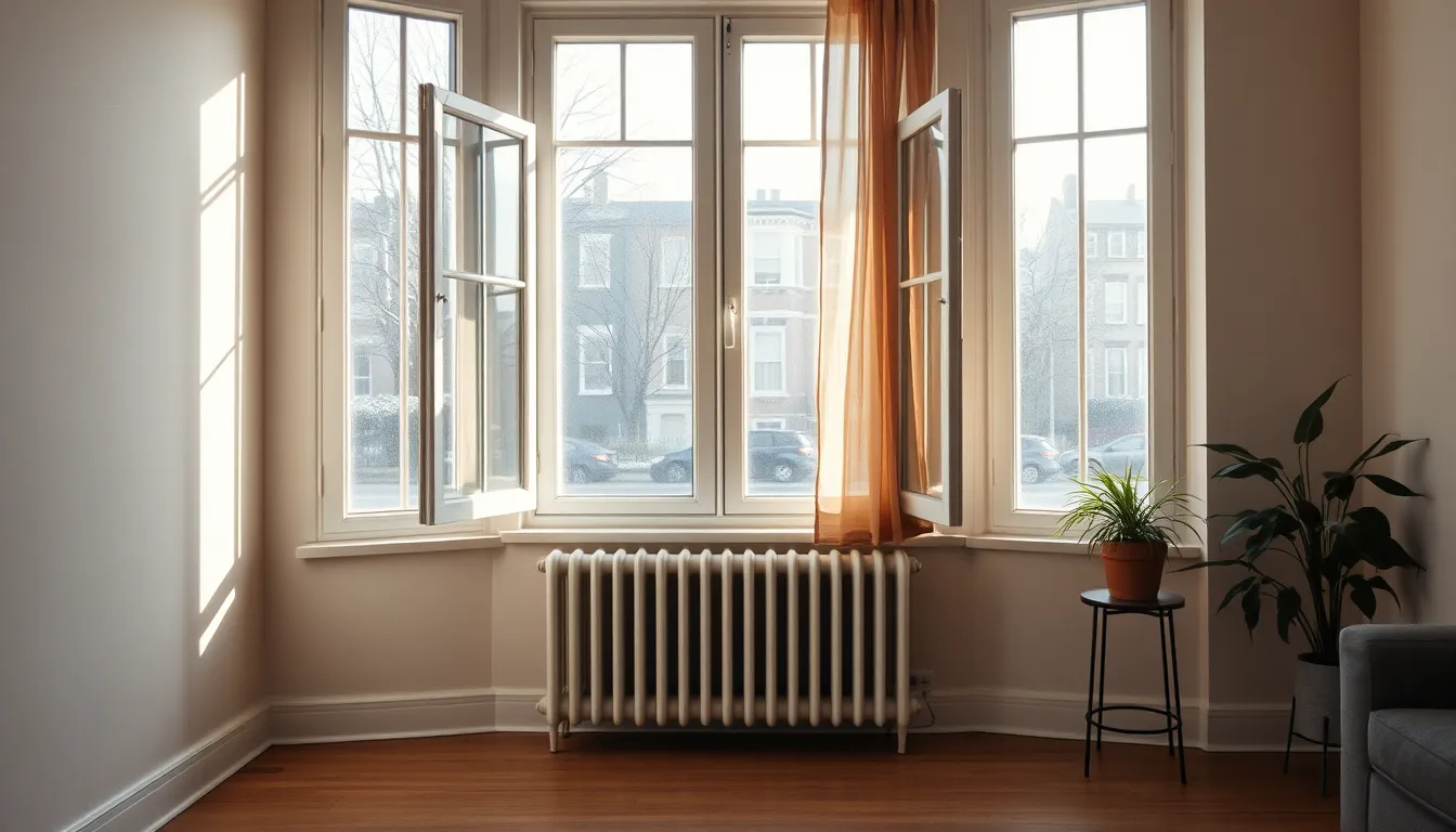 Salon lumineux dont la grande fenêtre est ouverte sur une rue d'hiver, radiateur dessous