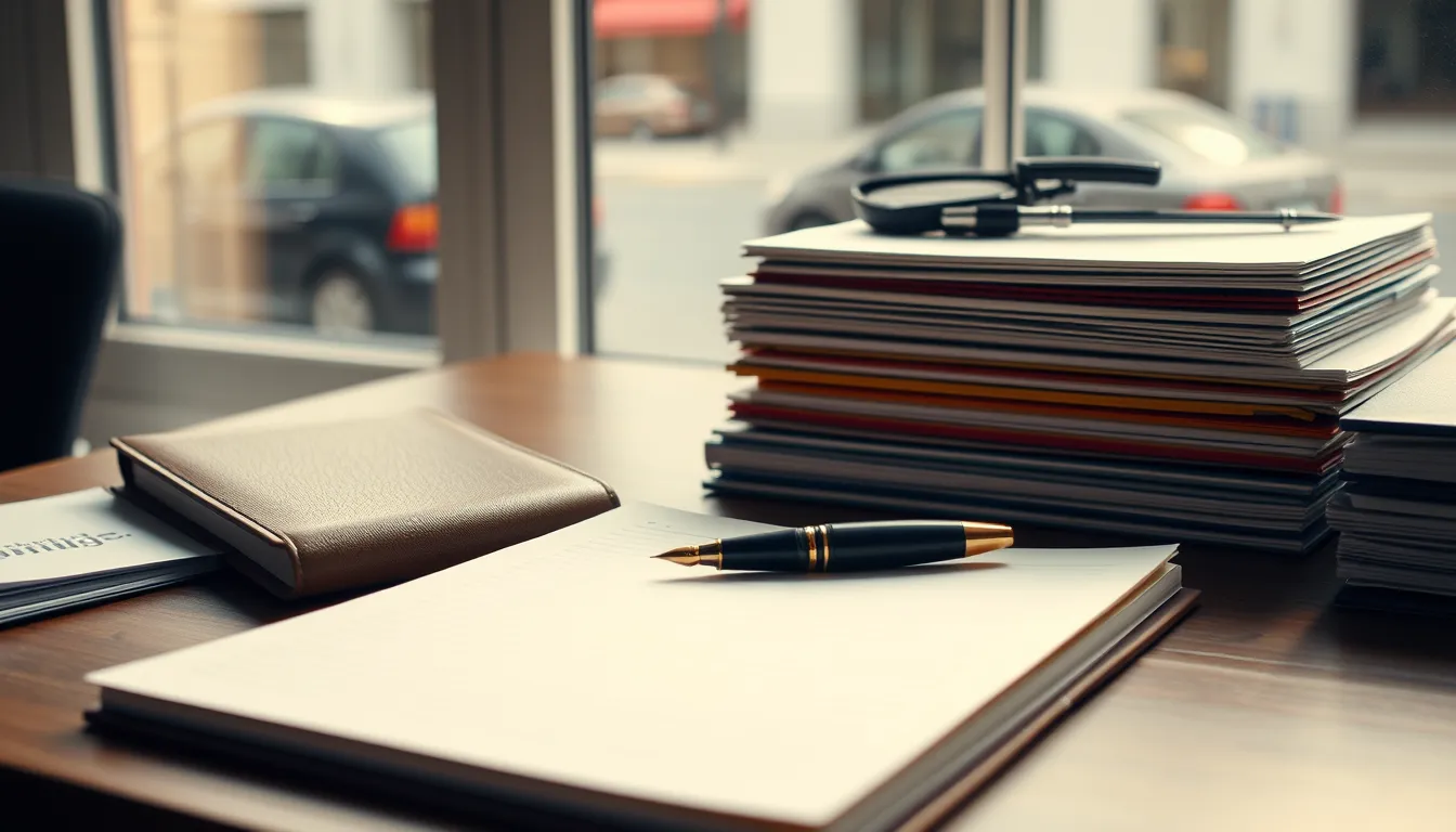 Bureau d'étude notariale lumineux avec agenda fermé, stylo plume et dossiers classés