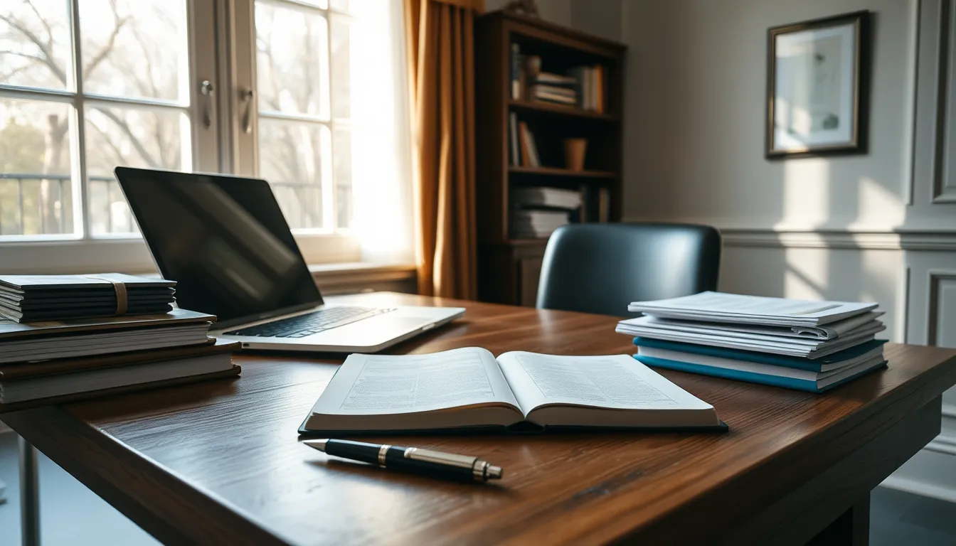 Bureau en bois avec ordinateur portable, agenda papier et stylo près d'une fenêtre