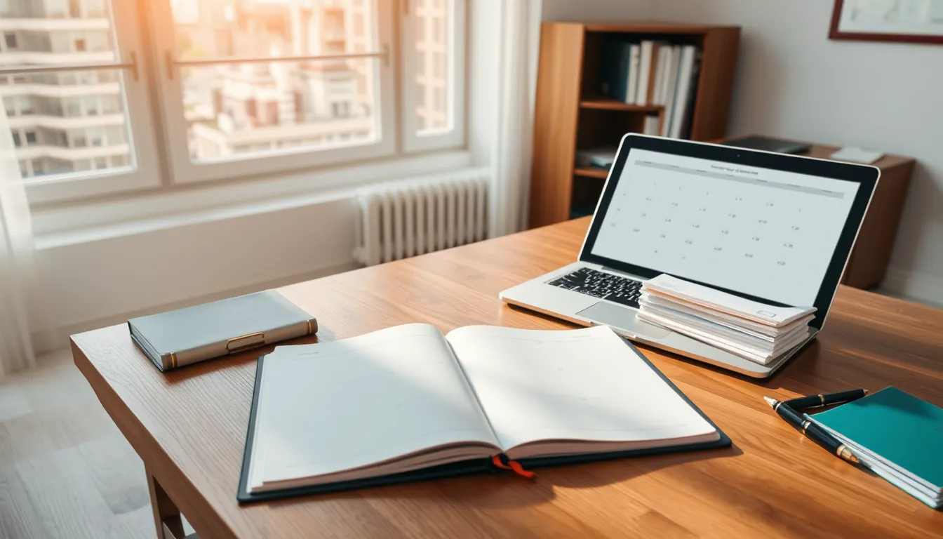 Bureau en bois près d'une fenêtre avec agenda ouvert, ordinateur portable, stylo et dossiers